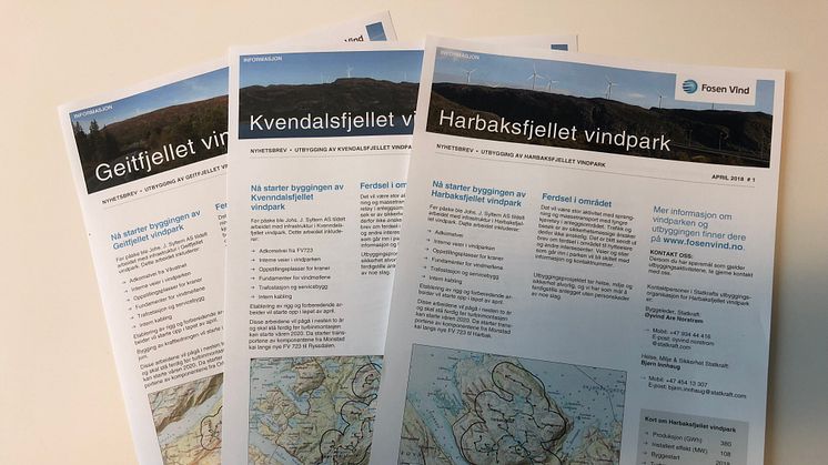 Tre nyhetsbrev på vei til naboer av Geitfjellet, Harbaksfjellet og  Kveddalsfjellet vindparker