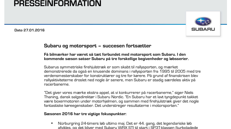 Subaru og motorsport – succesen fortsætter