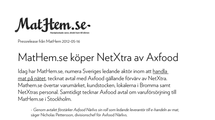 MatHem.se köper NetXtra av Axfood