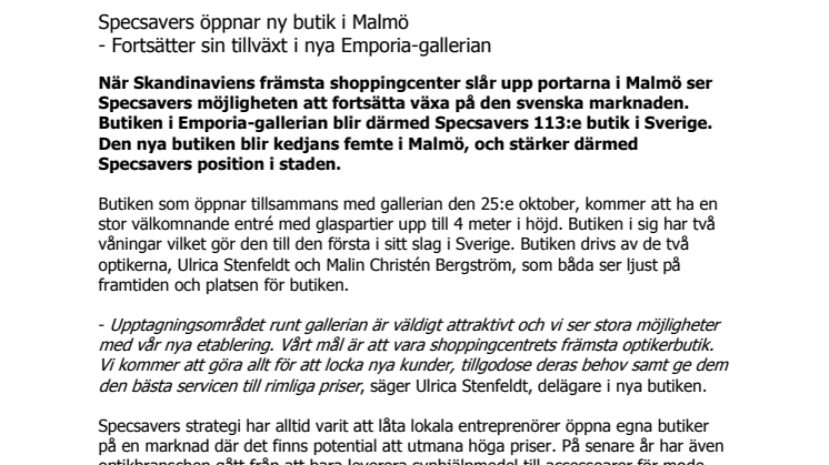 Specsavers öppnar ny butik i Malmö - Fortsätter sin tillväxt i nya Emporia-gallerian