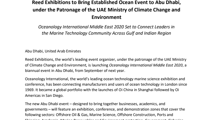 Reed Exhibitions to Bring Established Ocean Event to Abu Dhabi, under the Patronage of the UAE Ministry of Climate Change and Environment