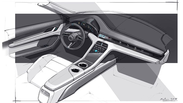 Designskiss för interiören i den helelektriska sportbilen Porsche Taycan.