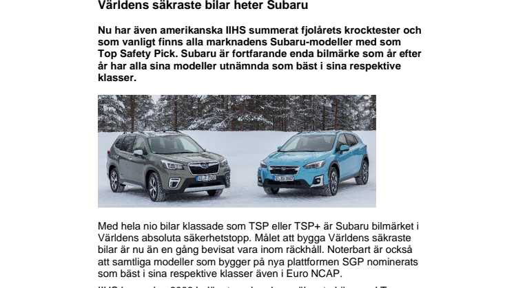 Världens säkraste bilar heter Subaru