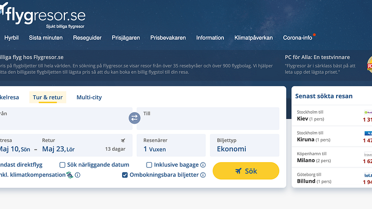 Nu kan du hitta ombokningsbara flygbiljetter via Flygresor.se!