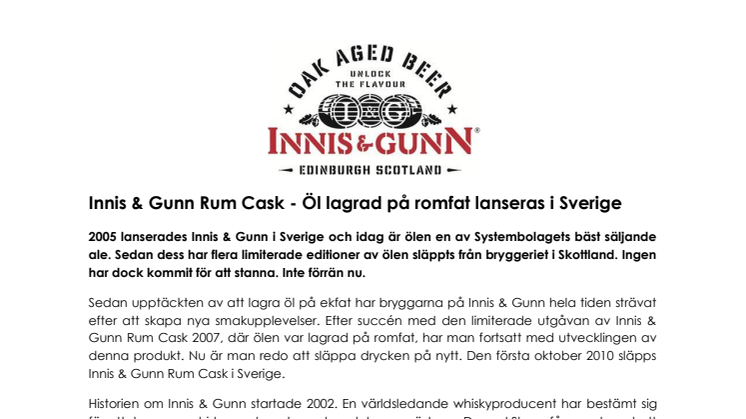 Innis & Gunn Rum Cask - Öl lagrad på romfat lanseras i Sverige