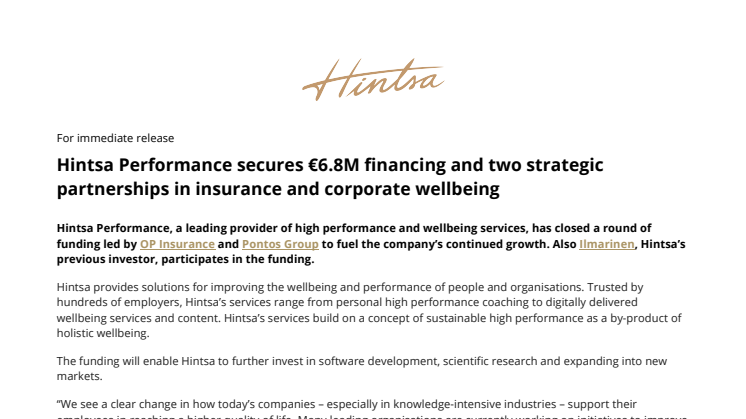 Hintsa Performance secures €6.8M financing and two strategic partnerships in insurance and corporate wellbeing
