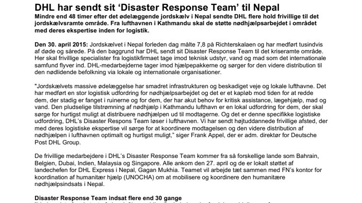 DHL har sendt sit ‘Disaster Response Team’ til Nepal