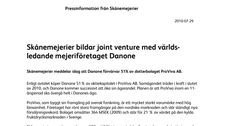 Skånemejerier bildar joint venture med världsledande mejeriföretaget Danone