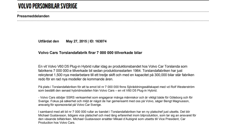 Volvo Cars Torslandafabrik firar 7 000 000 tillverkade bilar