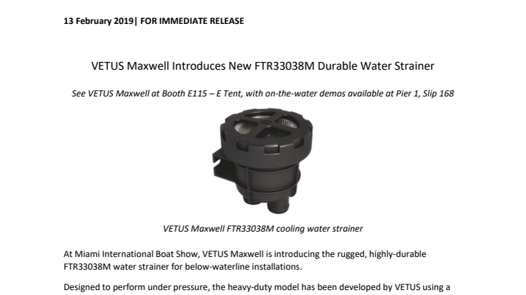 VETUS Maxwell Introduces New FTR33038M Durable Water Strainer