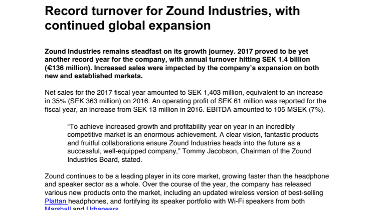 Record turnover for Zound Industries, with continued global expansion