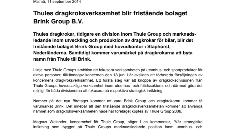 Thules dragkroksverksamhet blir fristående bolaget Brink Group B.V.