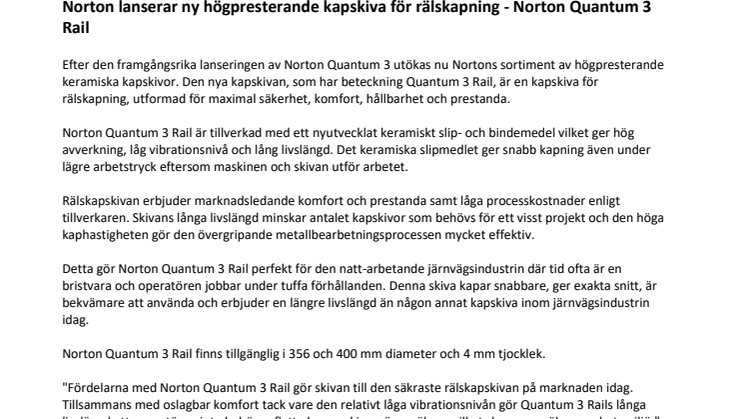 Norton lanserar ny högpresterande kapskiva för rälskapning - Norton Quantum 3 Rail