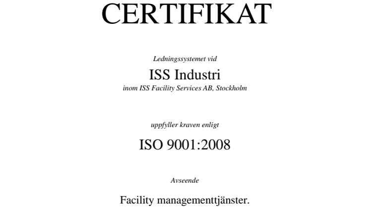 ISO 9001 certifikat ledningssystem ISS Industri