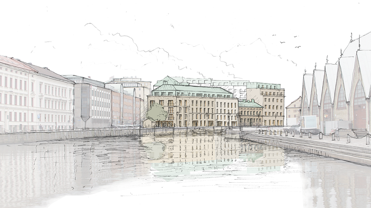 Visionsbild över ombyggnad av kvarteret Röda Bryggan. Bild: Semrén och Månsson.