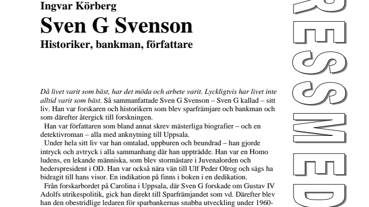 Ny bok: Sven G Svenson - historiker, bankman, författare