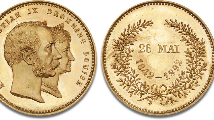 Guldmønt fra kong Christian IX og dronning Louises guldbryllup udbydes på auktion hos Bruun Rasmussen.