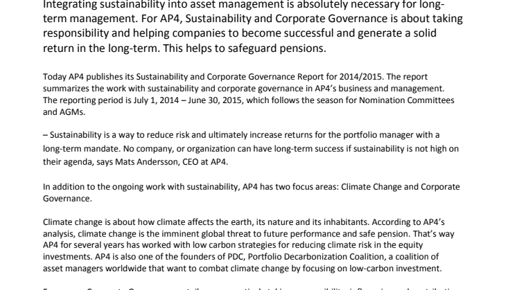 AP4 publishes 2014/2015 Sustainability and Corporate Governance Report