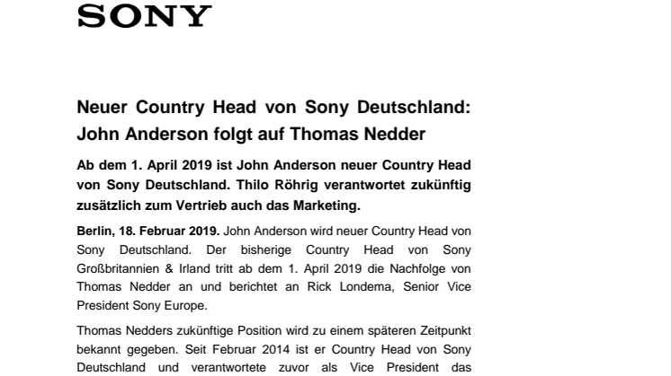 Neuer Country Head von Sony Deutschland: John Anderson folgt auf Thomas Nedder