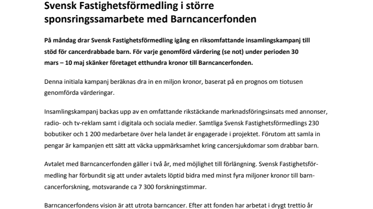 Svensk Fastighetsförmedling i större sponsringssamarbete med Barncancerfonden