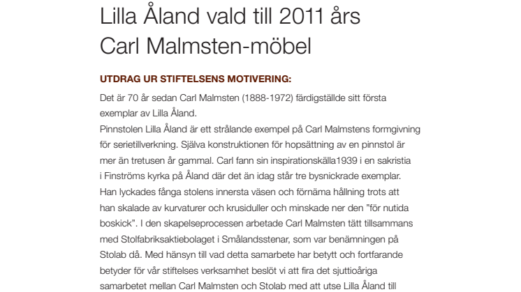 LIlla Åland från Stolab vald till Årets Carl Malmsten-möbel