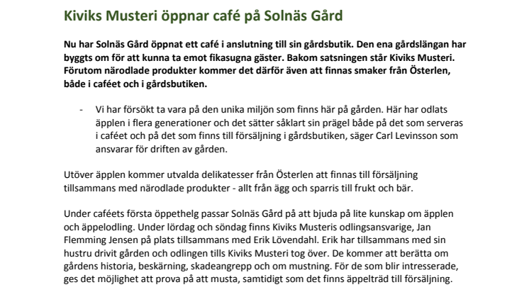 Kiviks Musteri öppnar café på Solnäs Gård