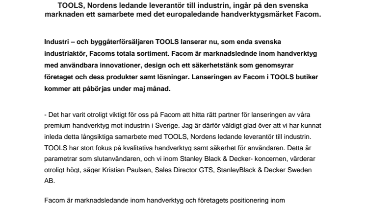 TOOLS ingår ett samarbete med handverktygsmärket Facom på den svenska marknaden
