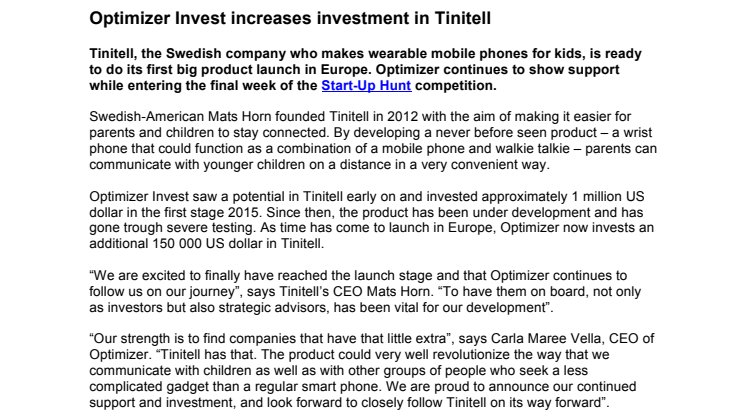 Optimizer Invest increases investment in Tinitell