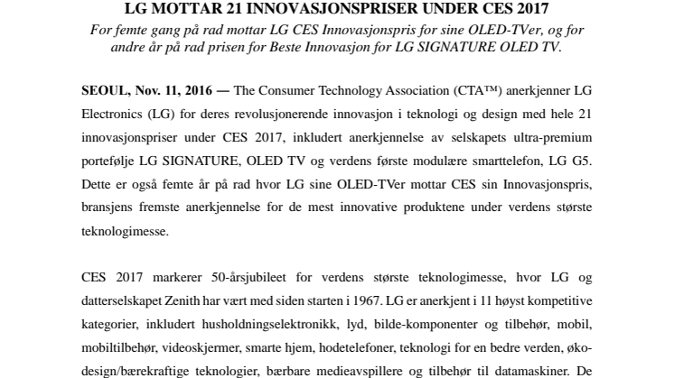 LG mottar 21 innovasjonspriser under CES 2017 