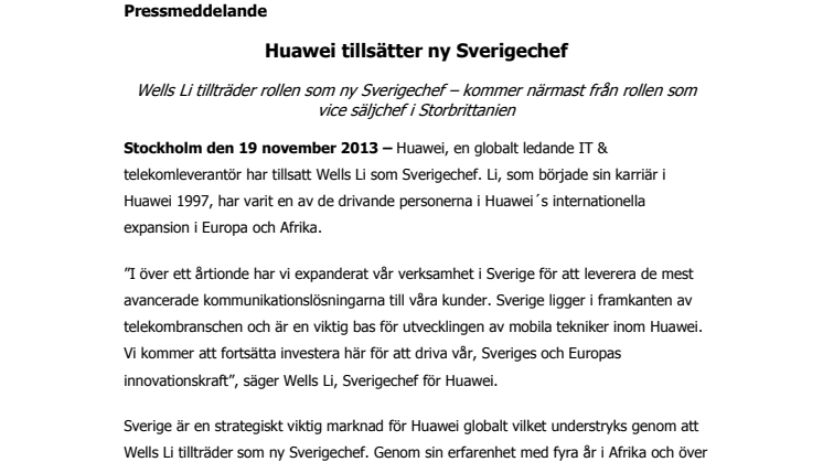 Huawei tillsätter ny Sverigechef