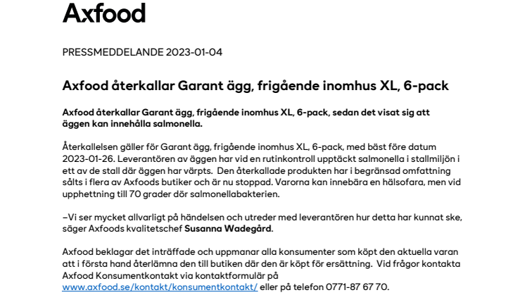 Axfood återkallar Garant ägg, frigående inomhus XL, 6-pack.pdf