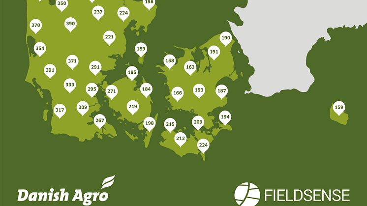 Oversigten viser akkumuleret data fra samtlige FieldSense-vejrstationer i Danmark fra 1. marts til 1. august 2020. Hver nål er baseret på data-gennemsnittet fra alle vejrstationer inden for en radius af 25 km for nedbør målt i millimeter.