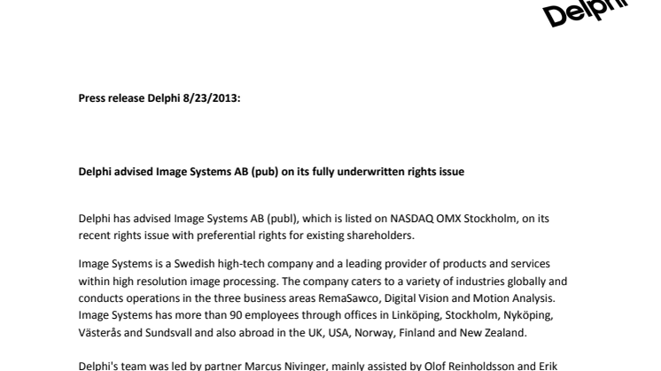 Delphi advised Image Systems AB (pub) on its fully underwritten rights issue