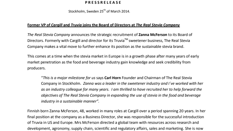Former VP of Cargill and Truvia® joins the Board of Directors