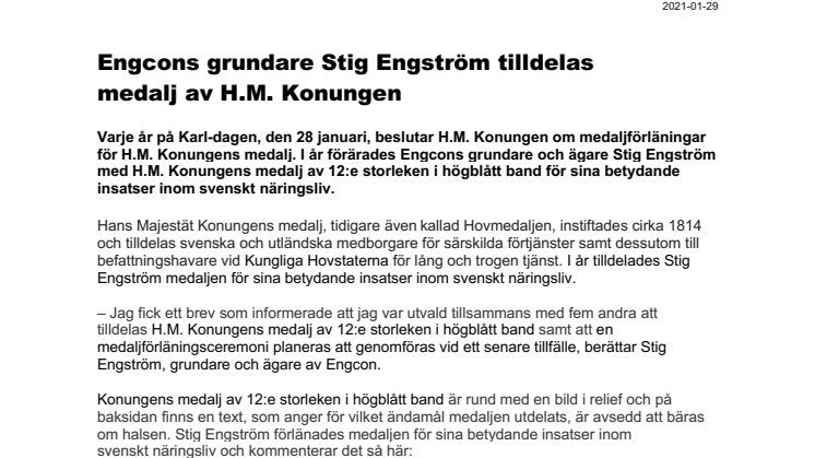 Engcons grundare Stig Engström tilldelas medalj av H.M. Konungen 