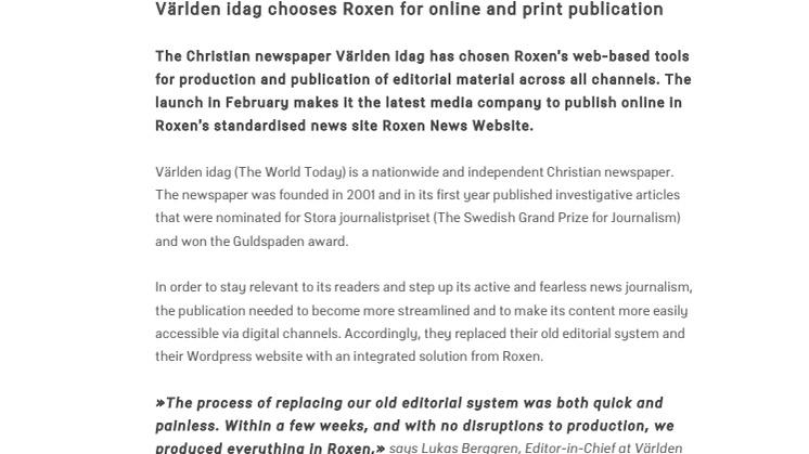 Världen idag chooses Roxen for online and print publication