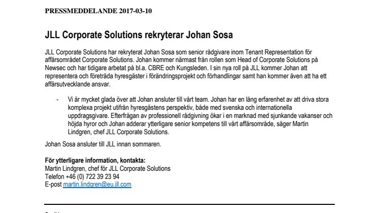 JLL Corporate Solutions rekryterar Johan Sosa