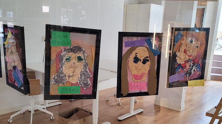 Några av barnens konstverk i Eslövs galleria