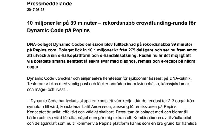 10 miljoner kr på 39 minuter – rekordsnabb crowdfunding-runda för Dynamic Code på Pepins