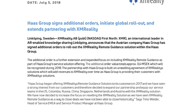 Haas Group signs additional orders, initiate global roll-out, and extends partnering with XMReality 