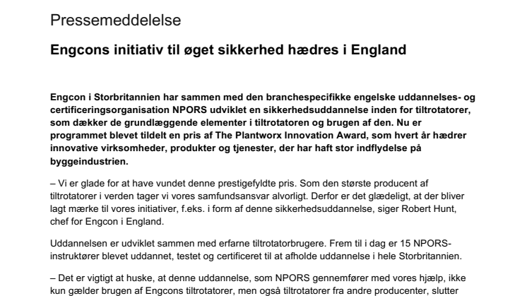 Engcons initiativ til øget sikkerhed hædres i England