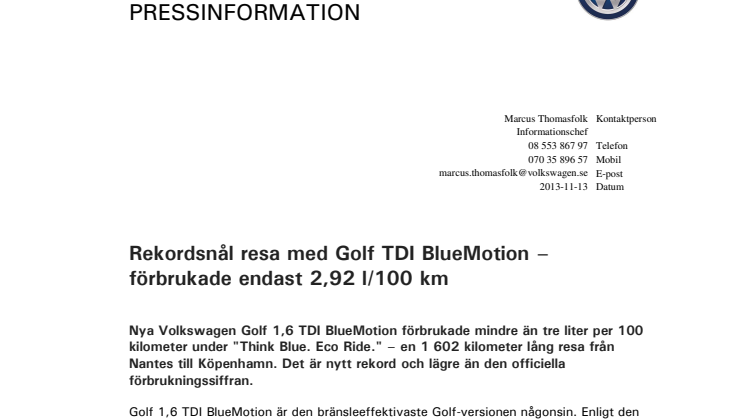 Rekordsnål resa med Golf TDI BlueMotion – förbrukade endast 2,92 l/100 km