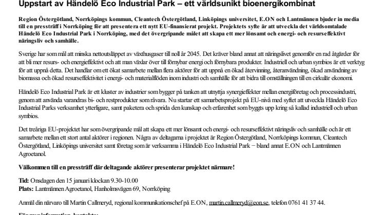 Uppstart av Händelö Eco Industrial Park – ett världsunikt bioenergikombinat