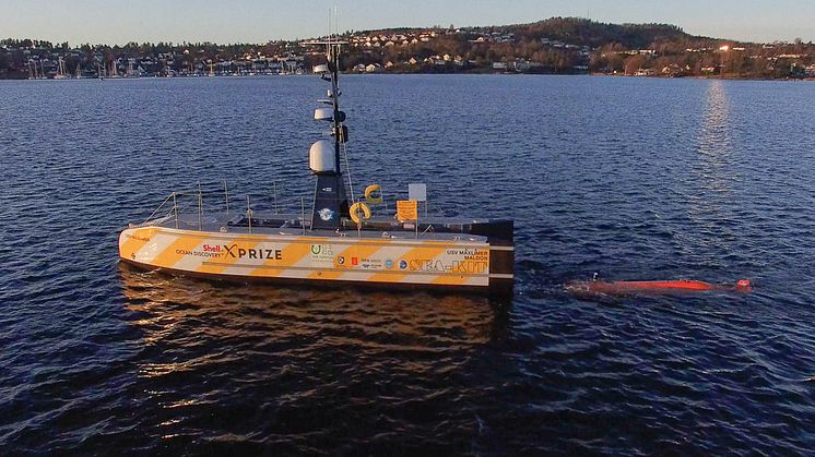 Image - Kongsberg Maritime - Drone footage capturing launch of the HUGIN AUV from the USV SEA-KIT 