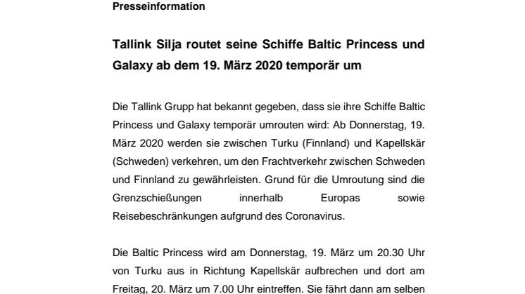 Tallink Silja routet seine Schiffe Baltic Princess und Galaxy ab dem 19. März 2020 temporär um