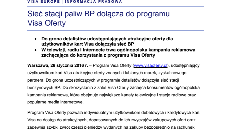 Sieć stacji paliw BP dołącza do programu Visa Oferty