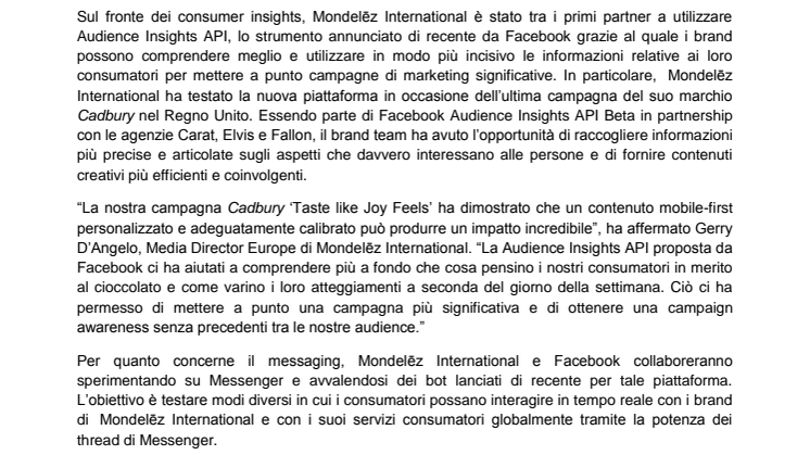 Mondelēz International partner di Facebook su Consumer Insights e Messaging