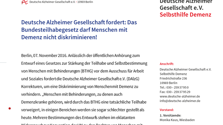 Deutsche Alzheimer Gesellschaft fordert: Das Bundesteilhabegesetz darf Menschen mit Demenz nicht diskriminieren!