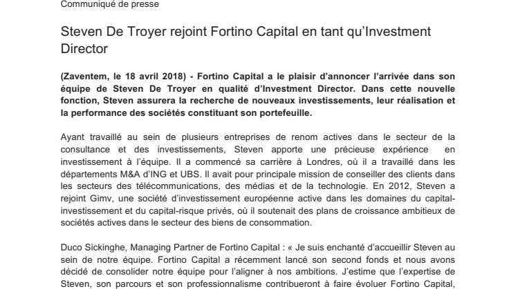 Steven De Troyer rejoint Fortino Capital en tant qu’Investment Director