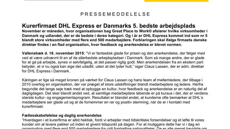 Kurerfirmaet DHL Express er Danmarks 5. bedste arbejdsplads